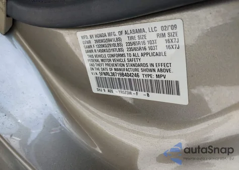 2009 Honda Odyssey Ex-L z USA, uszkodzony, nr VIN 5FNRL38719B404246